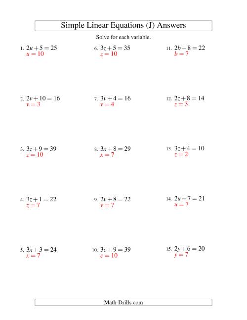 The Solving Linear Equations -- Form ax + b = c (J) Math Worksheet Page 2