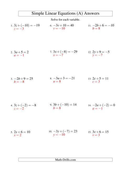 The Solving Linear Equations (Including Negative Values) -- Form ax + b = c (A) Math Worksheet Page 2