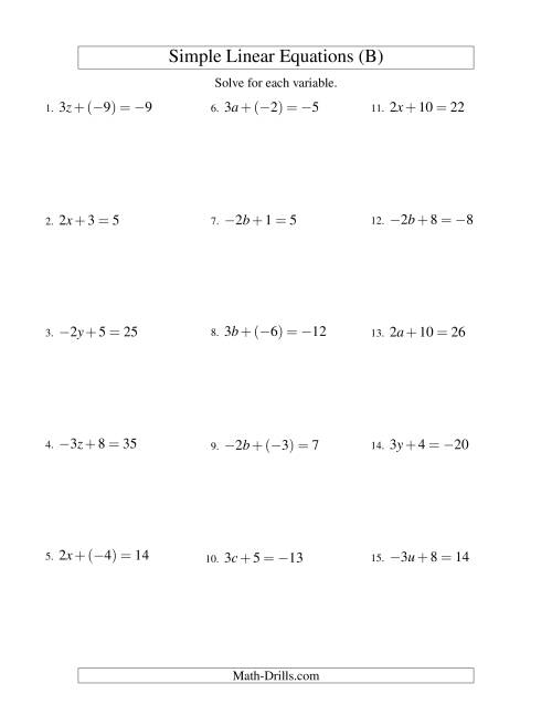 The Solving Linear Equations (Including Negative Values) -- Form ax + b = c (B) Math Worksheet