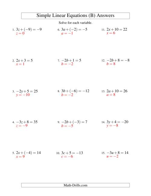 The Solving Linear Equations (Including Negative Values) -- Form ax + b = c (B) Math Worksheet Page 2