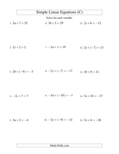 The Solving Linear Equations (Including Negative Values) -- Form ax + b = c (C) Math Worksheet