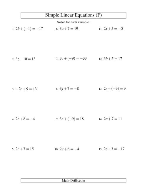 The Solving Linear Equations (Including Negative Values) -- Form ax + b = c (F) Math Worksheet