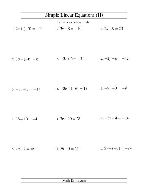 The Solving Linear Equations (Including Negative Values) -- Form ax + b = c (H) Math Worksheet