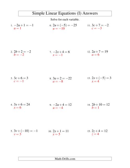 The Solving Linear Equations (Including Negative Values) -- Form ax + b = c (I) Math Worksheet Page 2