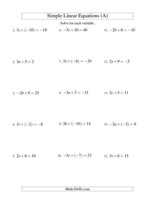The Solving Linear Equations (Including Negative Values) -- Form ax + b = c (All) Math Worksheet
