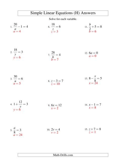 The Solving Linear Equations -- Form ax + b = c Variations (H) Math Worksheet Page 2