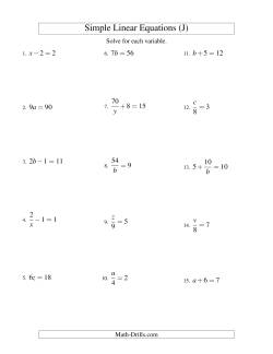 Solving Linear Equations -- Form ax + b = c Variations (J) Algebra ...