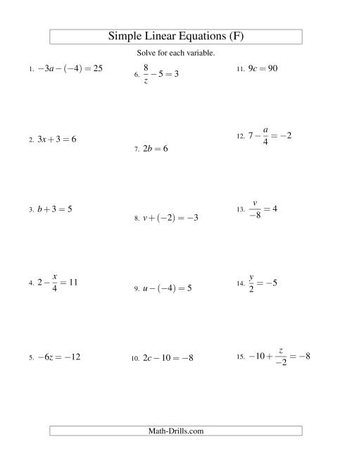 The Solving Linear Equations (Including Negative Values) -- Form ax + b = c Variations (F) Math Worksheet