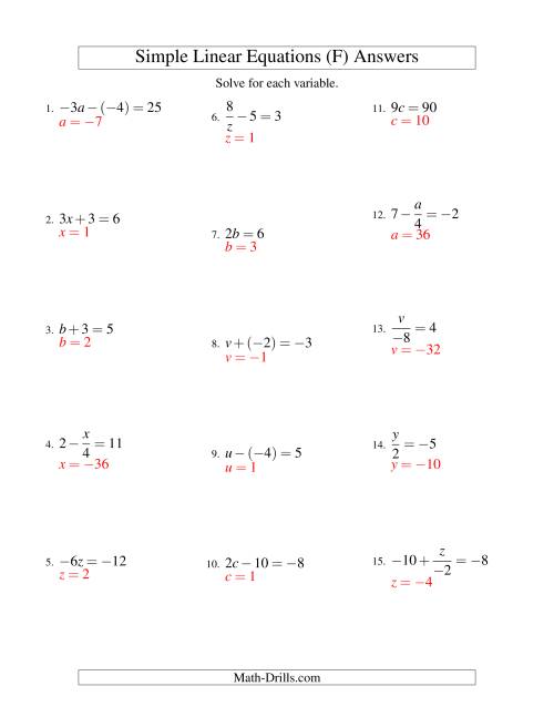 The Solving Linear Equations (Including Negative Values) -- Form ax + b = c Variations (F) Math Worksheet Page 2