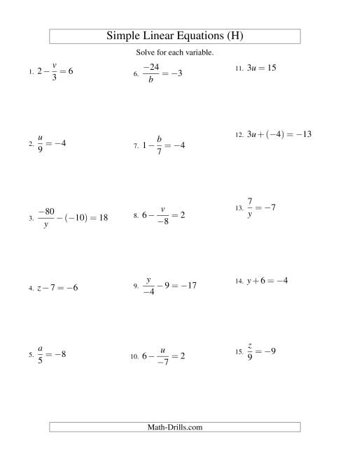 The Solving Linear Equations (Including Negative Values) -- Form ax + b = c Variations (H) Math Worksheet
