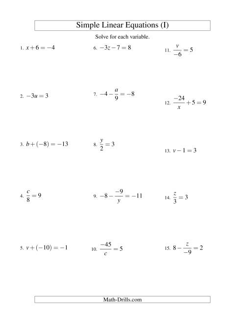 The Solving Linear Equations (Including Negative Values) -- Form ax + b = c Variations (I) Math Worksheet