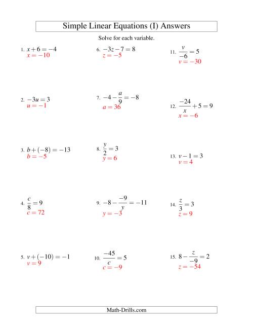 The Solving Linear Equations (Including Negative Values) -- Form ax + b = c Variations (I) Math Worksheet Page 2