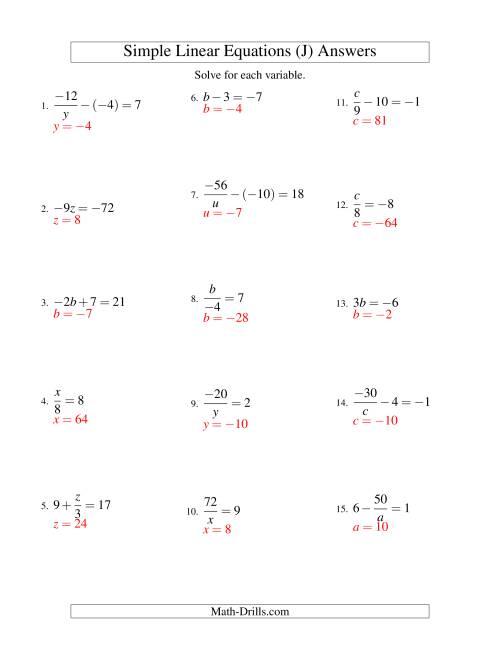 The Solving Linear Equations (Including Negative Values) -- Form ax + b = c Variations (J) Math Worksheet Page 2