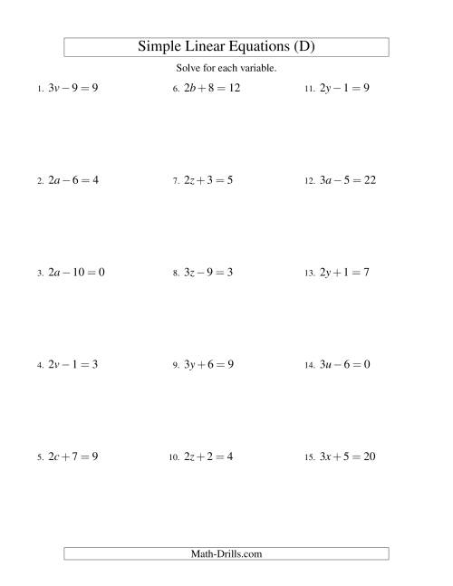 The Solving Linear Equations -- Form ax ± b = c (D) Math Worksheet
