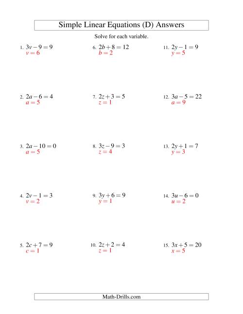 The Solving Linear Equations -- Form ax ± b = c (D) Math Worksheet Page 2