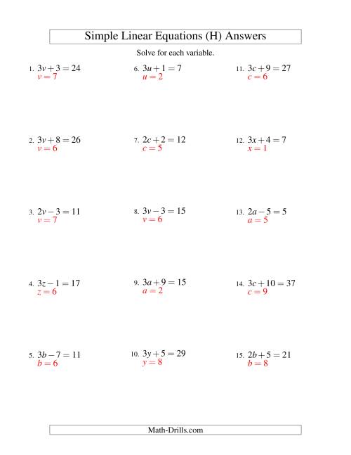 The Solving Linear Equations -- Form ax ± b = c (H) Math Worksheet Page 2