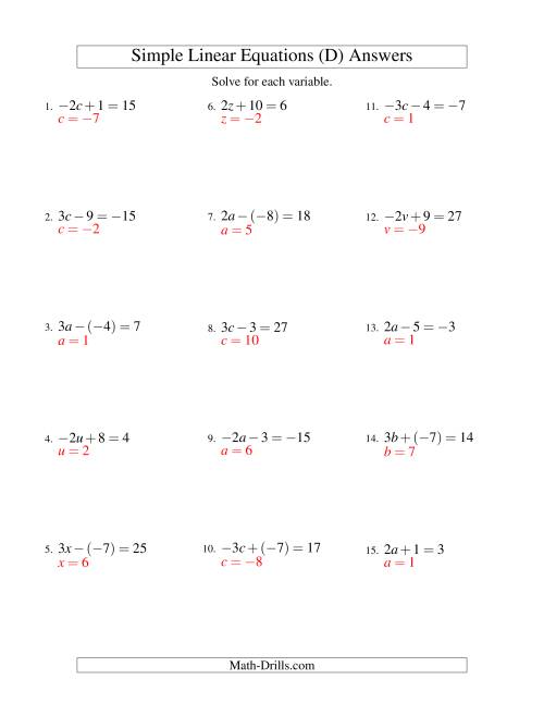 Solving Linear Equations (Including Negative Values) -- Form ax ± b = c (D)