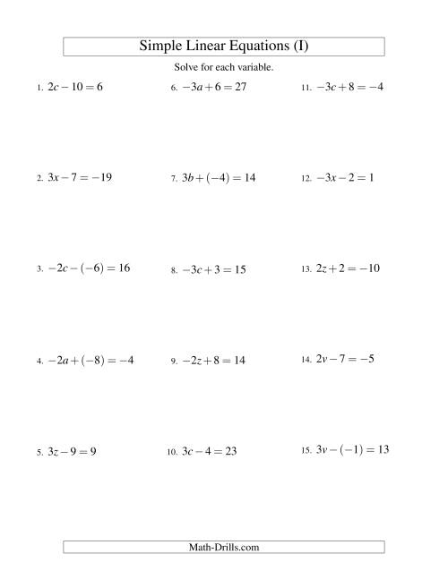 The Solving Linear Equations (Including Negative Values) -- Form ax ± b = c (I) Math Worksheet
