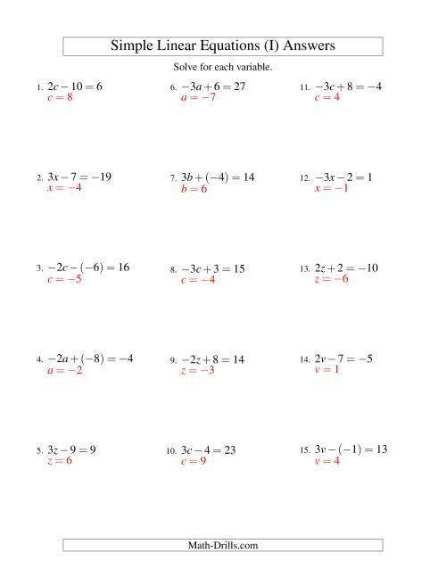 The Solving Linear Equations (Including Negative Values) -- Form ax ± b = c (I) Math Worksheet Page 2