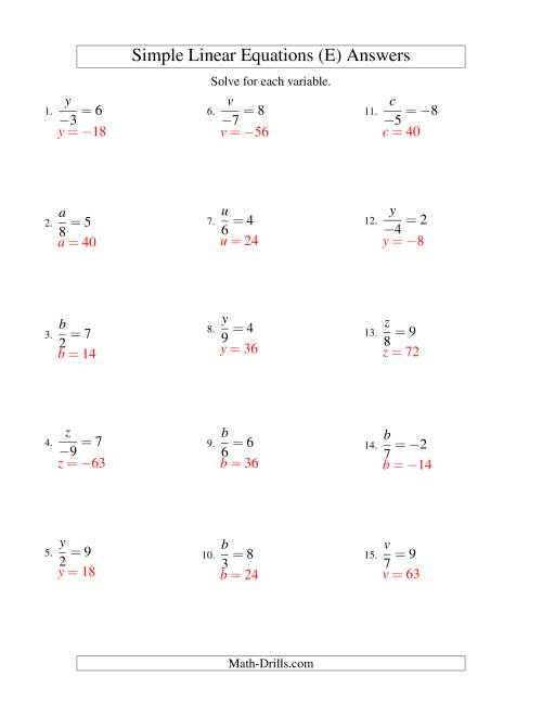 The Solving Linear Equations (Including Negative Values) -- Form x/a = c (E) Math Worksheet Page 2