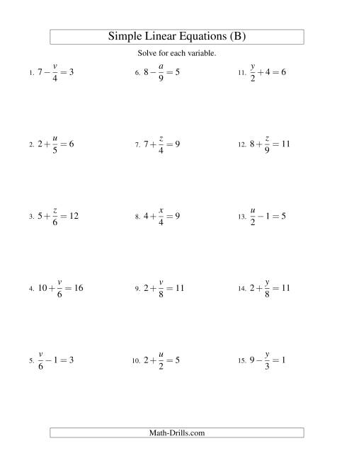 The Solving Linear Equations -- Form x/a ± b = c (B) Math Worksheet