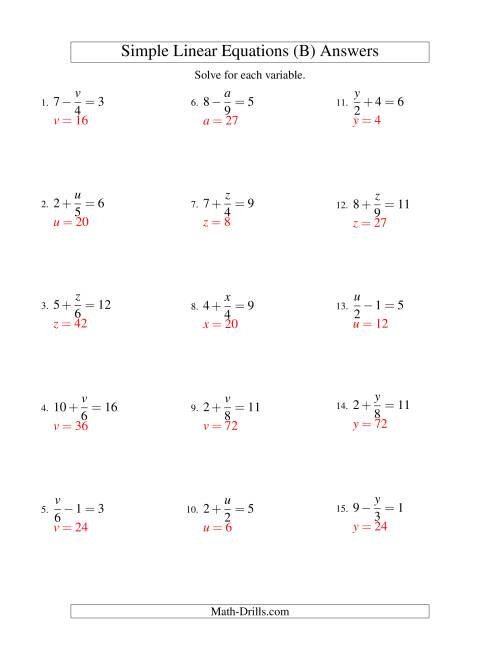 The Solving Linear Equations -- Form x/a ± b = c (B) Math Worksheet Page 2