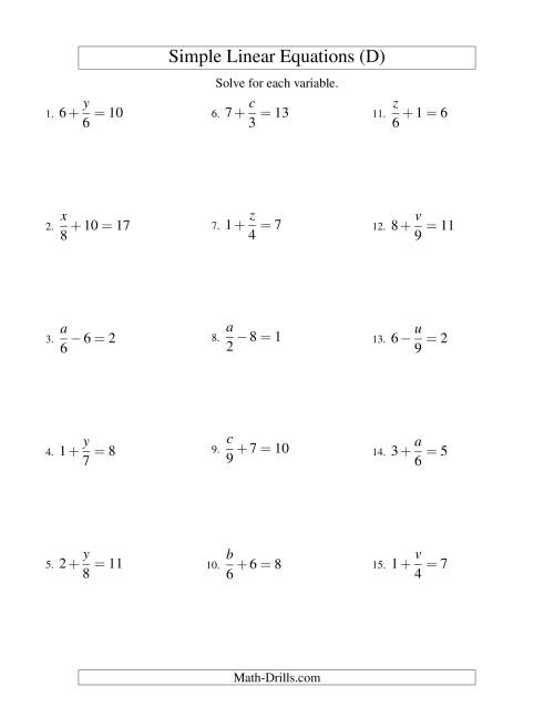 The Solving Linear Equations -- Form x/a ± b = c (D) Math Worksheet