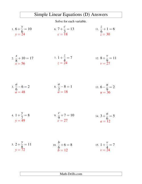 The Solving Linear Equations -- Form x/a ± b = c (D) Math Worksheet Page 2