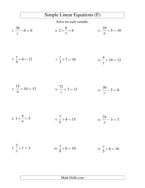 The Solving Linear Equations -- Mixture of Forms x/a ± b = c and a/x ± b = c (F) Math Worksheet