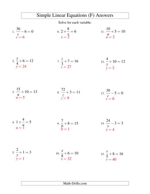 The Solving Linear Equations -- Mixture of Forms x/a ± b = c and a/x ± b = c (F) Math Worksheet Page 2