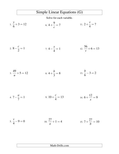 The Solving Linear Equations -- Mixture of Forms x/a ± b = c and a/x ± b = c (G) Math Worksheet
