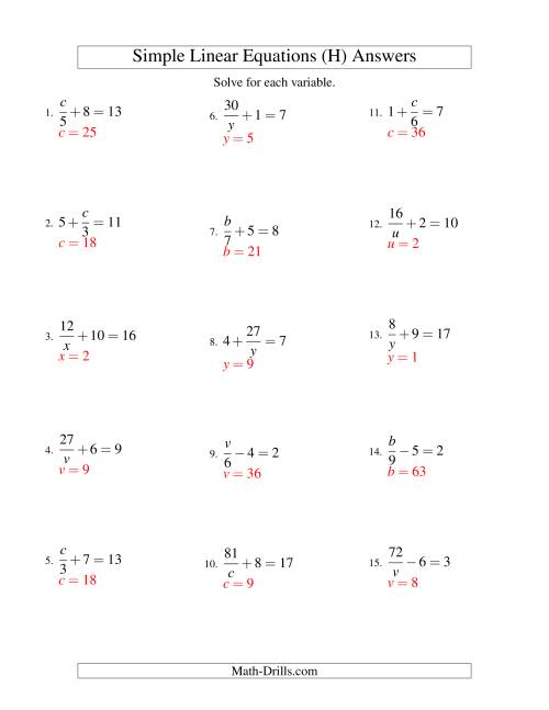 The Solving Linear Equations -- Mixture of Forms x/a ± b = c and a/x ± b = c (H) Math Worksheet Page 2