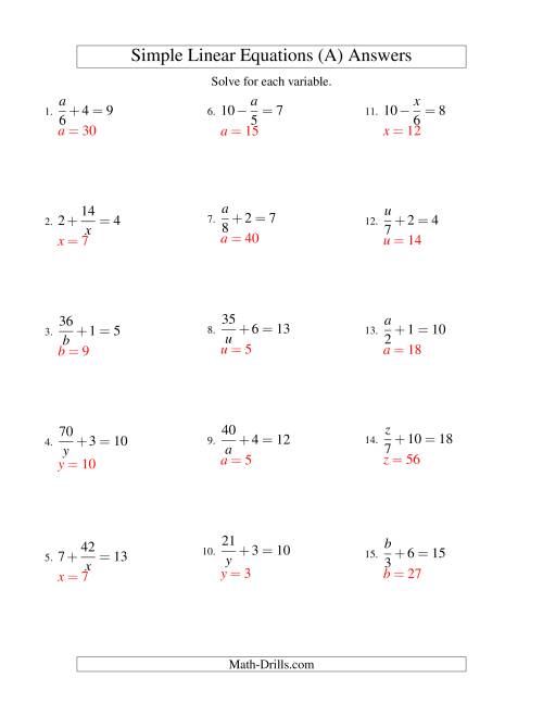The Solving Linear Equations -- Mixture of Forms x/a ± b = c and a/x ± b = c (All) Math Worksheet Page 2