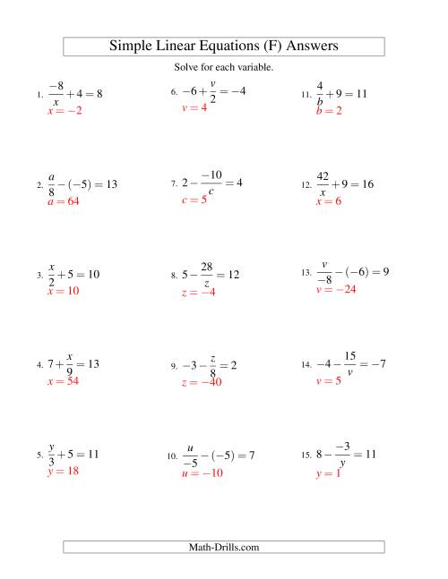 The Solving Linear Equations (Incuding Negative Values) -- Mixture of Forms x/a ± b = c and a/x ± b = c (F) Math Worksheet Page 2