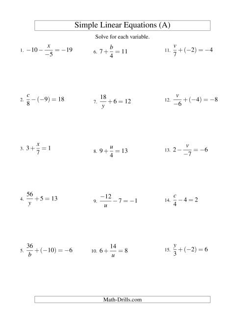 The Solving Linear Equations (Incuding Negative Values) -- Mixture of Forms x/a ± b = c and a/x ± b = c (All) Math Worksheet