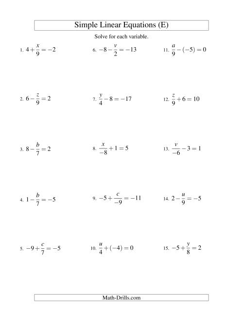 Solving Linear Equations (Including Negative Values) -- Form x/a ± b ...