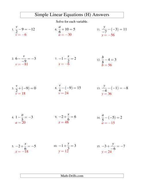 The Solving Linear Equations (Including Negative Values) -- Form x/a ± b = c (H) Math Worksheet Page 2