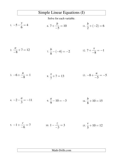 The Solving Linear Equations (Including Negative Values) -- Form x/a ± b = c (I) Math Worksheet