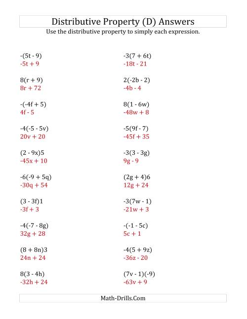 The Using the Distributive Property (Answers Do Not Include Exponents) (D) Math Worksheet Page 2