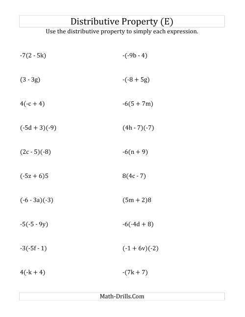 The Using the Distributive Property (Answers Do Not Include Exponents) (E) Math Worksheet