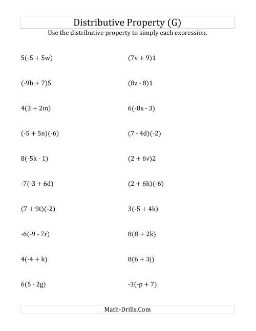 The Using the Distributive Property (Answers Do Not Include Exponents) (G) Math Worksheet