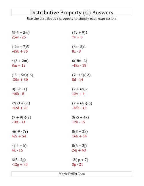 The Using the Distributive Property (Answers Do Not Include Exponents) (G) Math Worksheet Page 2