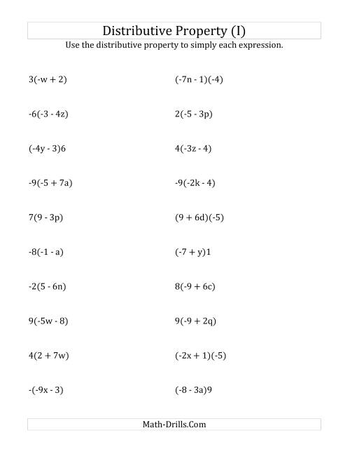 The Using the Distributive Property (Answers Do Not Include Exponents) (I) Math Worksheet