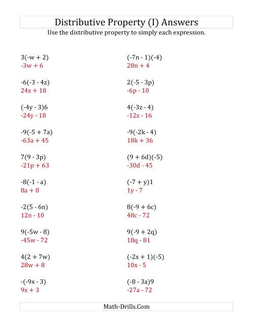 The Using the Distributive Property (Answers Do Not Include Exponents) (I) Math Worksheet Page 2