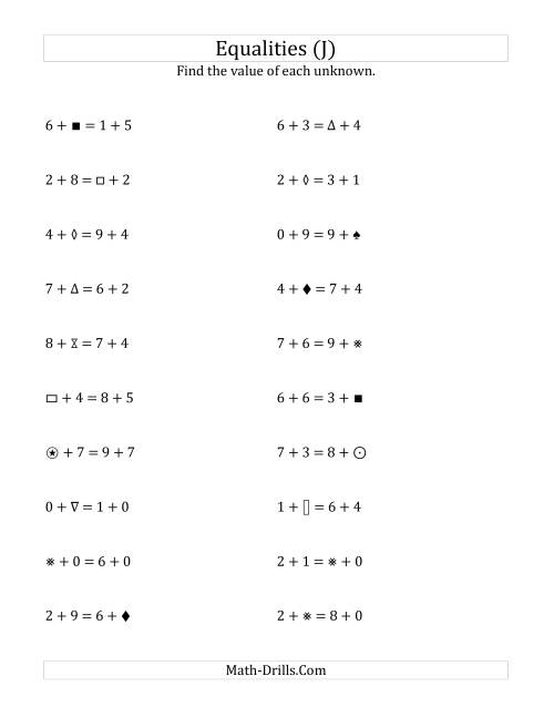 The Solving for Unknowns in Equalities with Addition (0 to 9) (J) Math Worksheet