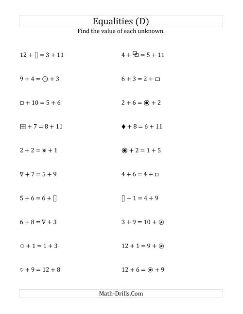 The Solving for Unknowns in Equalities with Addition (1 to 12) (D) Math Worksheet