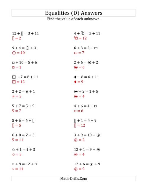 The Solving for Unknowns in Equalities with Addition (1 to 12) (D) Math Worksheet Page 2