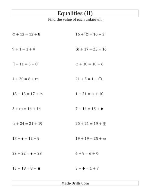 The Solving for Unknowns in Equalities with Addition (1 to 25) (H) Math Worksheet