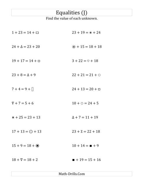 The Solving for Unknowns in Equalities with Addition (1 to 25) (J) Math Worksheet