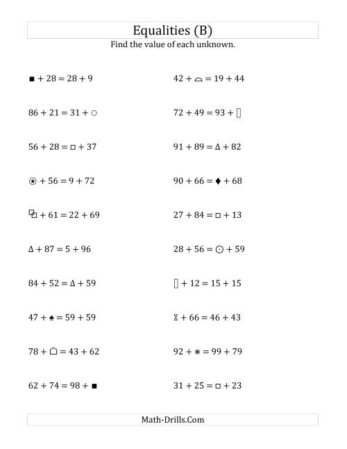The Solving for Unknowns in Equalities with Addition (1 to 99) (B) Math Worksheet